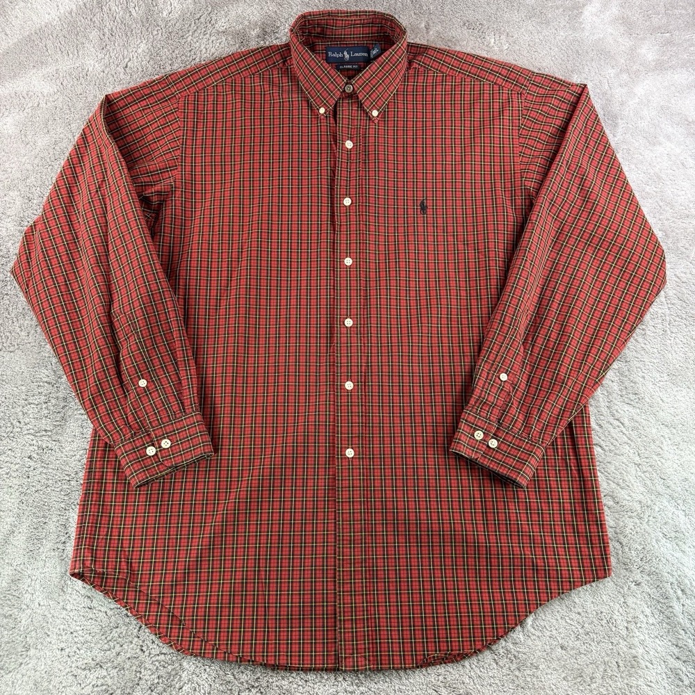 Vintage Polo Ralph Lauren Plaid Button Down Shirt Men's L Classic Fit Red Check